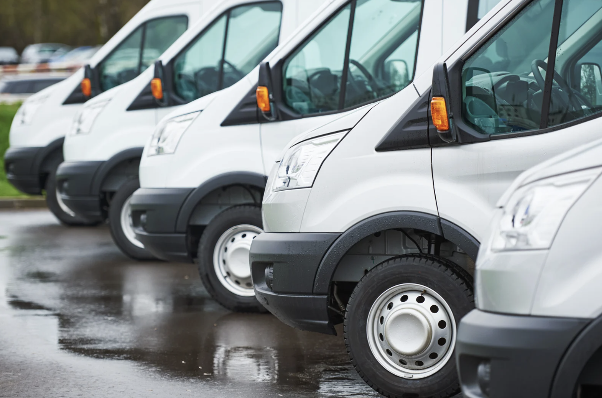 Row of white vans lined up in carpark